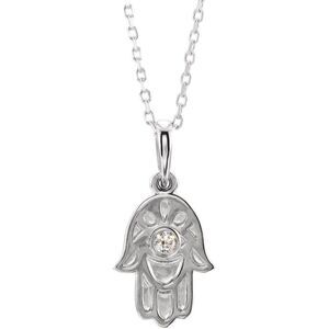 Platinum .03 CT Diamond Small Hamsa Necklace, 16-18 Inch